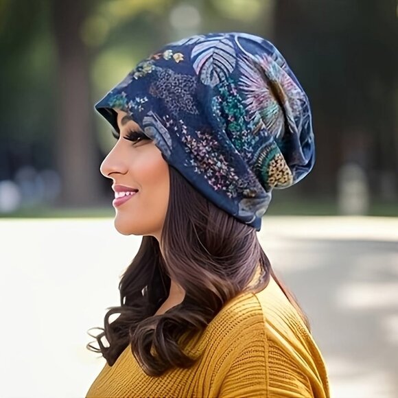 Vintage Floral Slouchy Beanie Cap for Women - Polyester Knit Fabric, Lig… - Picture 1 of 4